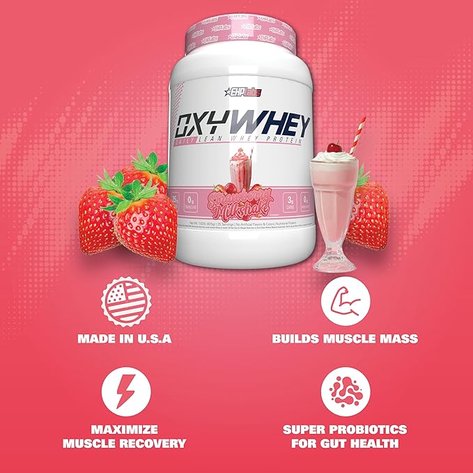 EHP Labs OxyWhey Whey Protein Isolate – 25g High Protein, Low Carb, Sugar Free Meal Replacement – Lean Whey Powder for Muscle Recovery – Non-GMO, Gluten Free – 25 Serves – Strawb. Milkshake