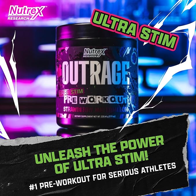 Outrage Ultra HIGH STIM Pre-Workout Powder for Men | 400mg Caffeine, L-Citrulline, Beta-Alanine, Creatine | Extreme Energy, Focus, Strength & Endurance (30 Servings, Strawberry Watermelon)