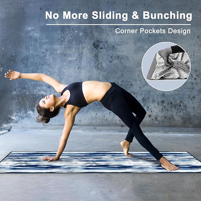 QiyI Yoga Mat Towel with Corner Pockets, Non Slip Sweat Absorbent Hot Yoga Towels, Soft Yoga Blankets with Travel Bag, Skidless Mat Cover for Workout, Gym, Fitness - 70"x26", Blue White Tie Dye