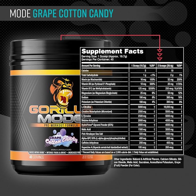Gorilla Mind Pre Workout - Massive Pumps Laser Focus Energy Power - L-Citrulline, Creatine, L-Tyrosine, Betaine, Hydroprime, Alpha-GPC, 400mg Caffeine, Huperzine A 786g (Cotton Candy Grape)