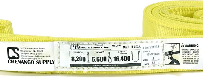 3 Ply Slings. Many Lengths in Listing! (USA Made), 2" x12' Nylon Lifting Web Sling. 8,200 lbs Vertical, 6,600 Choker, 16,400 Basket, High Capacity Eye & Eye (2" x12')