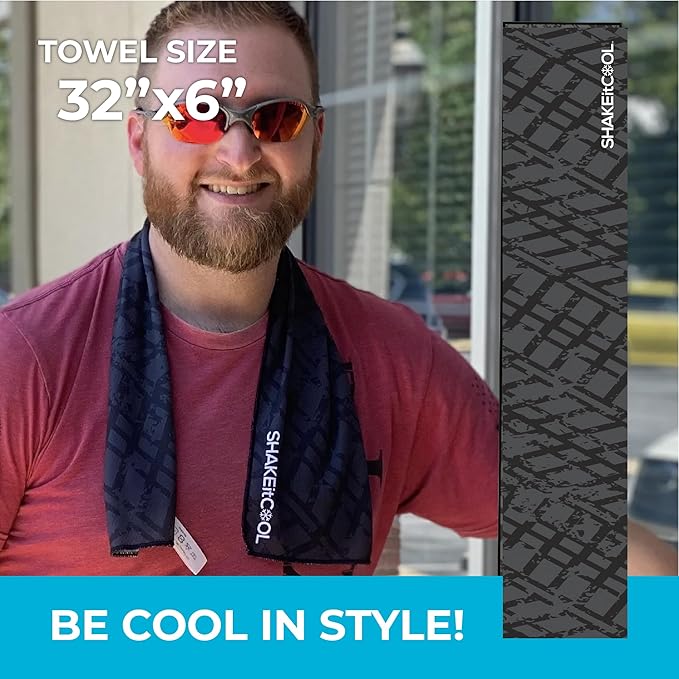 SHAKEitCOOL Original Cooling Towel โ Be Cool in Style - Heat Relief, Soft, Lightweight, Sun Protection, Easy Clean - Perfect for Biking, Running, Yoga, Gym, Gardening - Black Tread