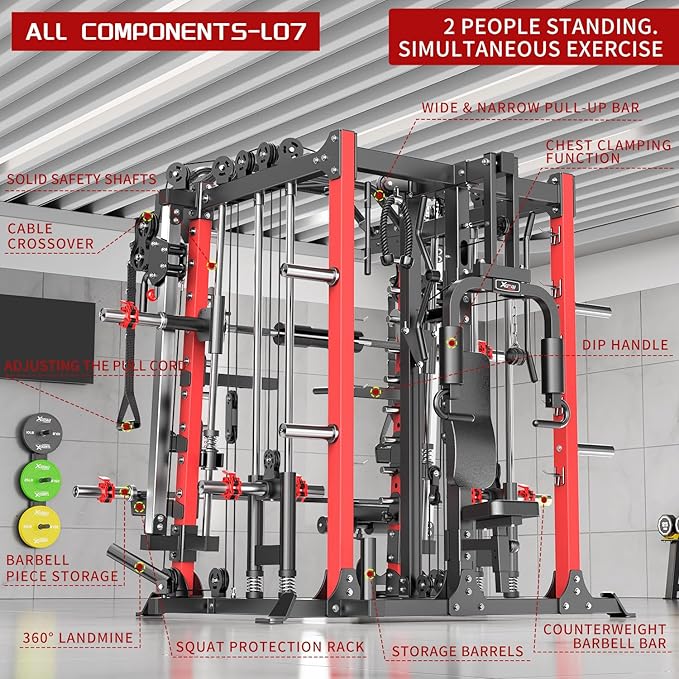 Smith Machine with Cable Crossover System, Multi-Function Squat Rack Power Cage for Home Gym, Power Rack and Packages Weight Sets