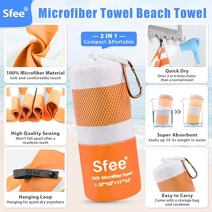 Sfee 2 in 1 Microfiber Beach Towel, Quick Dry Towel Camping Travel Towel Super Absorbent Compact Lightweight Sports Gym Towel Set for Beach, Gym, Hiking, Pool, Backpacking, Bath, Yoga