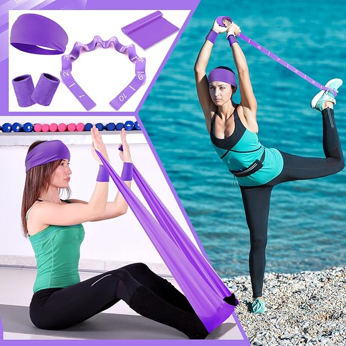 Poen 18 Pcs Pilates Ring Kit Home Pilates Ring Circle and Ball Set for Women Yoga Fitness Set with 5 Resistance Band Stretching Strap Non Slip Sock Ball Core Slider Wristband Headband Gym Bag