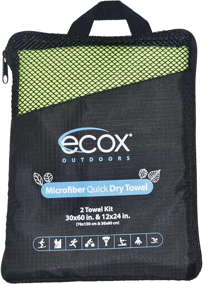ecox Outdoors Microfiber Towel Fast Drying Soft Feel Fast Action Drying for Gym Beach Outdoors Travel Yoga Camping Compact Size 2 Piece Set 30x60 in and 12x24 in Green MFT2PG