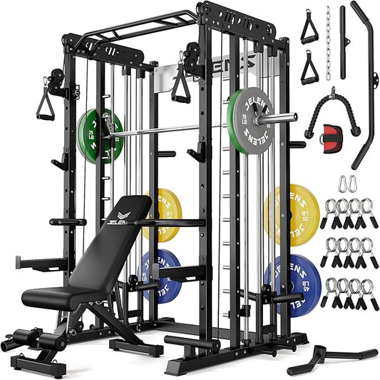 Smith Machine for Home Gym, Multi-Function M12 Power Cage with Cable Crossover System, Squat Rack with Smith Bar and More Attachment