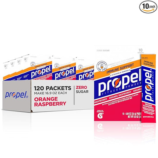 Propel Immune Support Electrolyte Enhanced Water Drink Mix Powder Packets, Orange Raspberry, 100% DV Vitamin C, Good source of Zinc, Zero Sugar Hydration with Electrolytes and Vitamins (120 Packets)