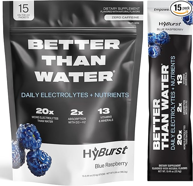 Electrolyte & Vitamin Supplement Powder, Drink Mix with B12, L-Theanine, D3, K2, Zinc, Magnesium, Potassium, Supports Calm Focus & Energy, Blue Raspberry, 15 Pack