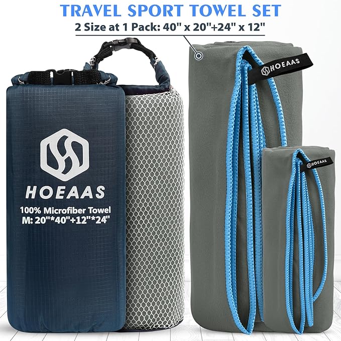 HOEAAS 2 Pack Microfiber Camping Towels, Quick Dry Towel, Super Absorbent Ultra Compact Travel Towel Soft Lightweight Sports Towel for Sweat Fast Drying Towels for Pool,Gym,Hiking,Backpacking,Fitness