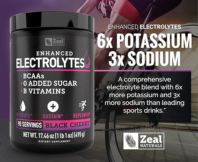 Zeal Naturals Electrolyte Powder Recovery Drink (90 Servings | Black Cherry) w 0 Sugar +BCAAs +B-Vitamins Electrolyte Supplement w Potassium Zinc & Magnesium for Hydration - Keto Electrolytes