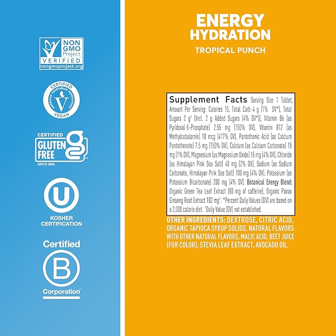 Nuun Energy Electrolyte Tablets with Ginseng, Caffeine from Green Tea Extract, Vitamin B12, B6, B5, Magnesium & 4 Other Electrolytes, Gluten Free & Vegan, Tropical Punch, 8 Pack (80 Servings Total)