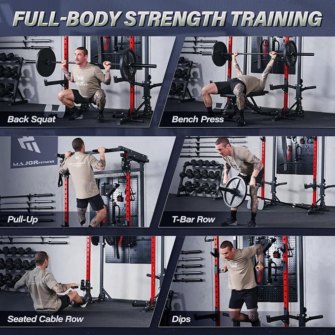 MAJOR FITNESS Drone3 Power Rack, Multi-Function Home Gym Squat Rack with Pull-Up Bar, Cable Crossover & J-Hooks, Heavy-Duty Steel Frame for Maximum Stability & Strength Training