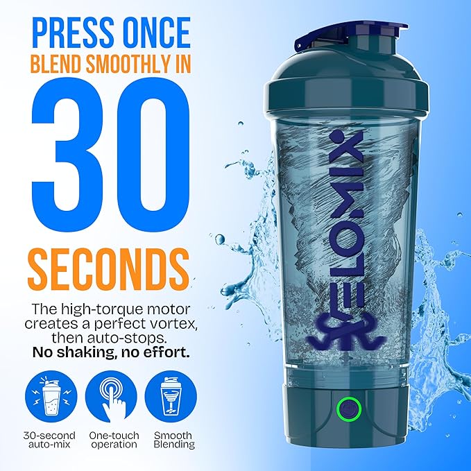 VELOMIX Electric Protein Shaker Bottle - 24 oz | USB-C Rechargeable | Leak Proof Shaker Cups for Protein Shakes | Portable Blender for Shakes and Smoothies (Electric - Blue)