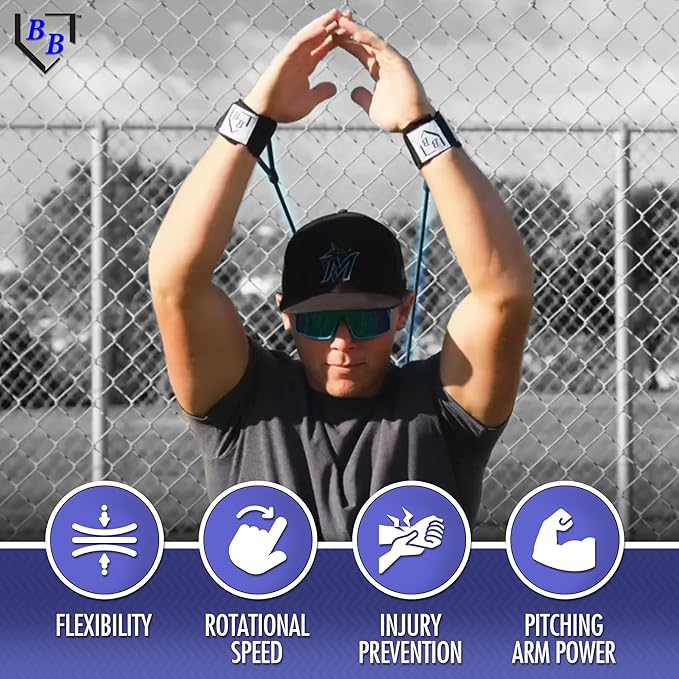 BB Bands Baseball Softball Resistance Training Bands - Arm Strength, Pitching Conditioning Equipment, 3 Strengths (Youth, Adult, Heavy), 7 Colors, Includes Anchor Strap, Door Mount, Bag, Workout Guide