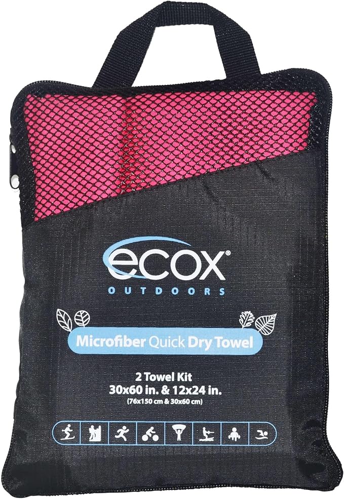 ecox Outdoors Microfiber Towel Fast Drying Soft Feel Fast Action Drying for Gym Beach Outdoors Travel Yoga Camping Compact Size 2 Piece Set 30x60 in and 12x24 in Red MFT2PRD