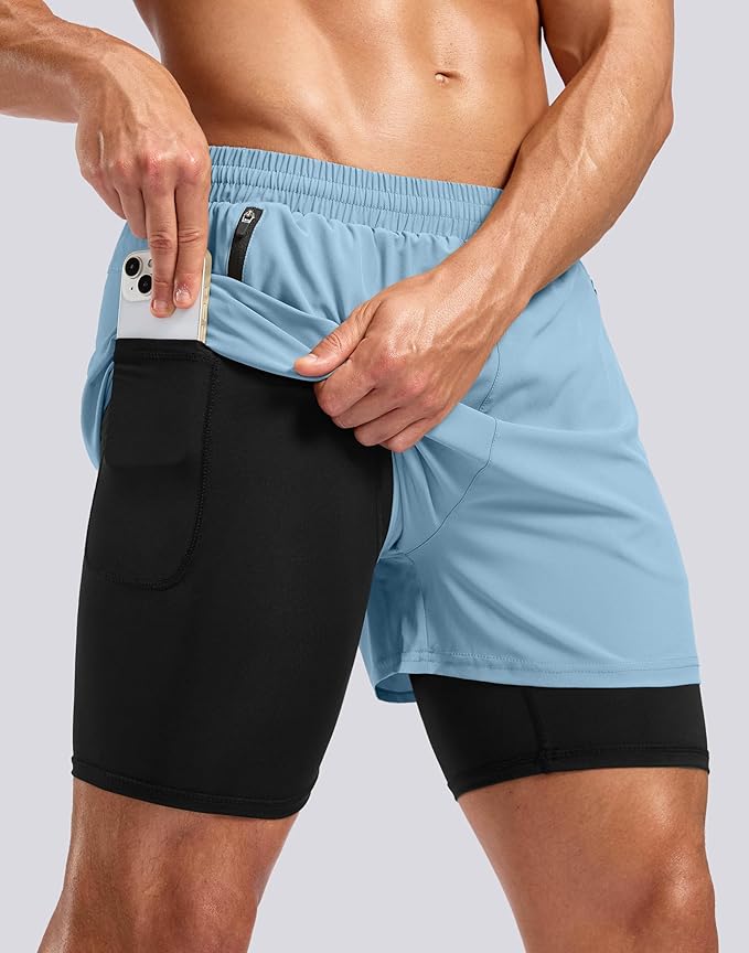Pudolla Men's 7" Running Shorts with Zipper Pockets Quick Dry 2 in 1 Workout Gym Shorts with Liner for Tennis Yoga Training