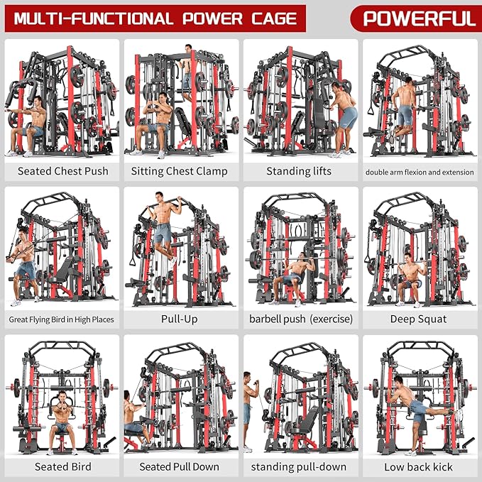 Smith Machine with Cable Crossover System, Multi-Function Squat Rack Power Cage for Home Gym, Power Rack and Packages Weight Sets