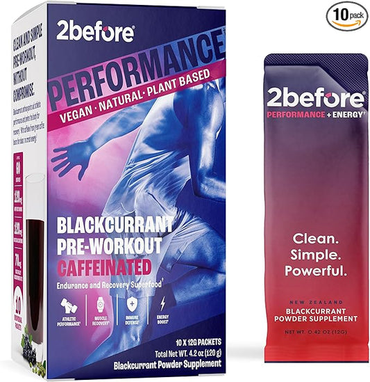2before Blackcurrant I All Natural Vegan Pre Workout, with 120mg Caffeine I Clean Energy, Endurance, Recovery I Pre Workout Women and Men I 10 x Individual Packets I Informed Sports Certified
