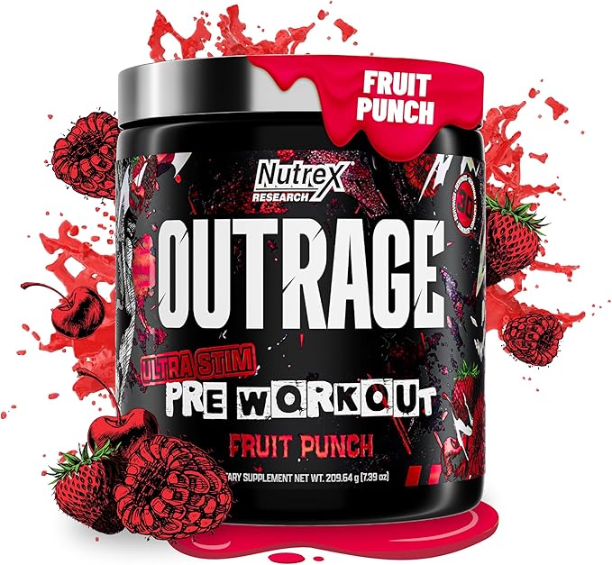 Outrage Ultra HIGH STIM Pre-Workout Powder for Men Fruit Punch | 400mg Caffeine, L-Citrulline, Beta-Alanine, Creatine | Extreme Energy, Focus, Strength & Endurance | 30 Servings