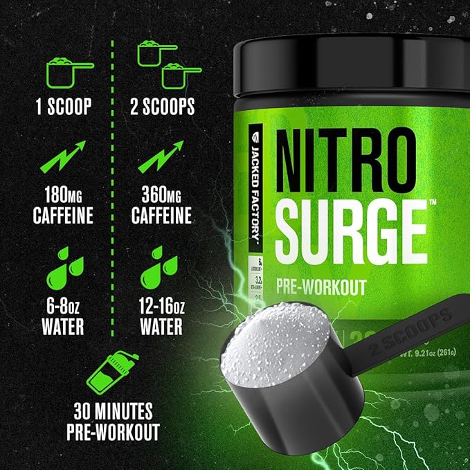 Jacked Factory NITROSURGE Pre Workout Supplement - Energy Booster, Instant Strength Gains, Clear Focus & Intense Pumps - NO Booster & Powerful Preworkout Energy Powder - 30 Servings, Blue Raspberry