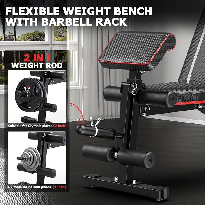 Fostoy Foldable Workout Bench Press, Adjustable Weight Bench for Home Gym, 800LB Multi Functional Gym Bench w/Leg Extension &Preacher Pad, Extra Headrest, Fast Folding Strength Training Incline Sit up Bench