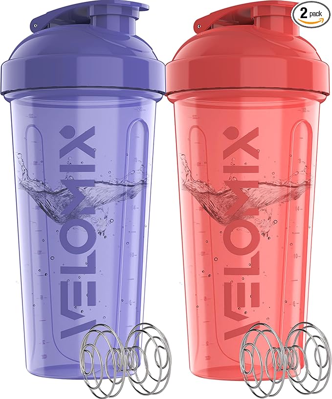 VELOMIX -2 Pack- 28 oz Protein Shaker Bottles for Protein Mixes - 2x Wire Whisk | Leak Proof Shaker Cups for Protein Shakes and Pre Workout | Protein Shaker Bottle Pack (Pink/Purple)