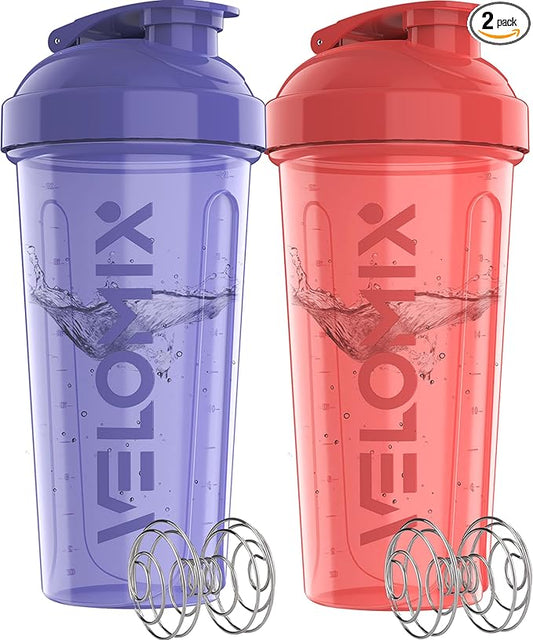 VELOMIX -2 Pack- 28 oz Protein Shaker Bottles for Protein Mixes - 2x Wire Whisk | Leak Proof Shaker Cups for Protein Shakes and Pre Workout | Protein Shaker Bottle Pack (Pink/Purple)