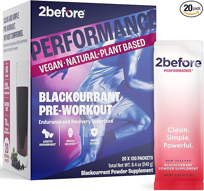 2before Blackcurrant I All Natural Vegan Pre Workout, Caffeine Free I Clean Energy, Endurance, Recovery I Pre Workout Women and Men I 20 x Individual Packets I Informed Sports Certified