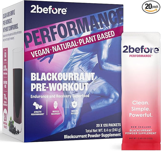 2before Blackcurrant I All Natural Vegan Pre Workout, Caffeine Free I Clean Energy, Endurance, Recovery I Pre Workout Women and Men I 20 x Individual Packets I Informed Sports Certified