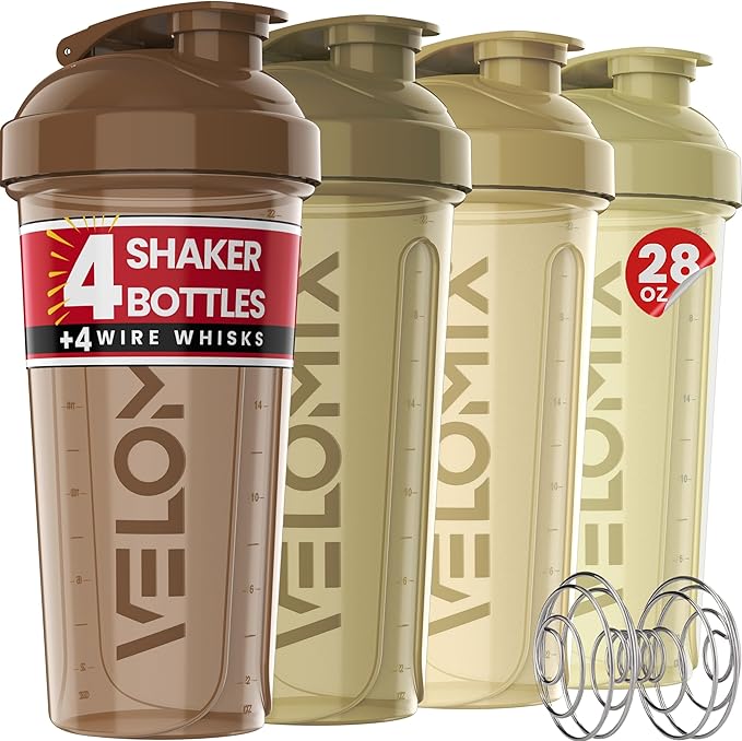 VELOMIX -4 PACK- 28 oz Protein Shaker Bottle for Protein Mixes - 4x Wire Whisk | Leak Proof Shaker Cups for Protein Shakes | Protein Shaker Bottle Pack | Protein Shake Cup (Brown)