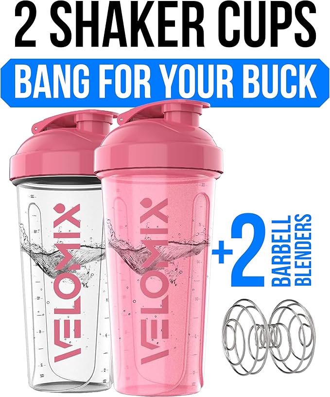 VELOMIX -2 Pack- 28 oz Protein Shaker Bottles for Protein Mixes - 2x Wire Whisk | Leak Proof Shaker Cups for Protein Shakes | Protein Shaker Bottle Pack (Pink/Transparent)