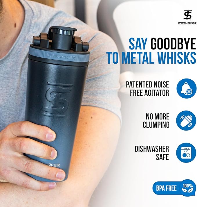 Ice Shaker Insulated Stainless Steel Shaker Bottle | 26oz, Grey Color Rush | Cold for 24+ Hours | Insulated Cup with Twist-on Agitator | Odor-Free Bottle for Shakes, Water, Smoothies, Cocktails
