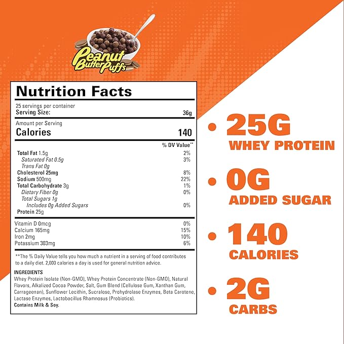 EHP Labs OxyWhey Whey Protein Isolate – 25g High Protein, Low Carb, Sugar Free Meal Replacement – Lean Whey Powder for Muscle Recovery – Non-GMO, Gluten Free – 25 Serves – Peanut Butter Puffs