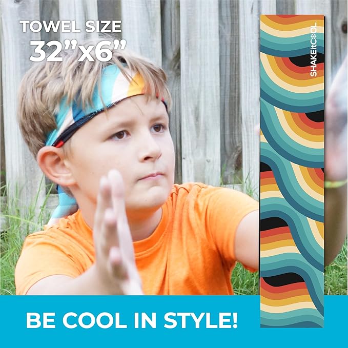 SHAKEitCOOL Original Cooling Towel โ Be Cool in Style - Heat Relief, Soft, Lightweight, Sun Protection, Easy Clean - Perfect for Biking, Running, Yoga, Gym, Gardening - Retro