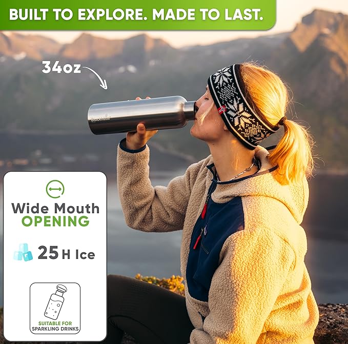 Blockhütte Vacuum Insulated Stainless Steel Water Bottle - 34 oz | Wide Mouth Insulated Metal Bottle for Cold Drinks | Perfect for Travel, School, Kids, Adults, Water Canteen, BPA-Free
