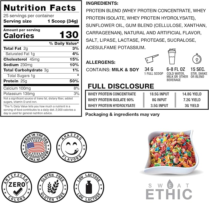 Sweat Ethic Whey'd Protein Powder, 25 G Whey Protein Blend with Concentrate (30 Ounce, Frooty Cereal)
