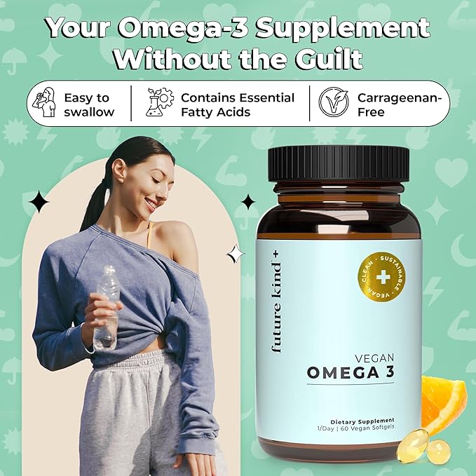 Future Kind Vegan Omega 3 Supplement - Glass Bottle, Carrageenan-Free Algae, DHA & EPA for Joint & Mood Support - 2 Month Supply for Kids & Adults