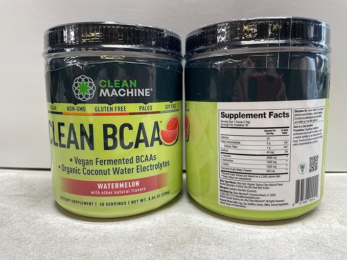 Clean BCAA - 2:1:1 Food Sourced BCAAs Powder & Coconut Water Electrolytes Recovery & Amino Energy Supplement - Award Winning Vegan Amino Acid Supplement - 30 Servings - Watermelon