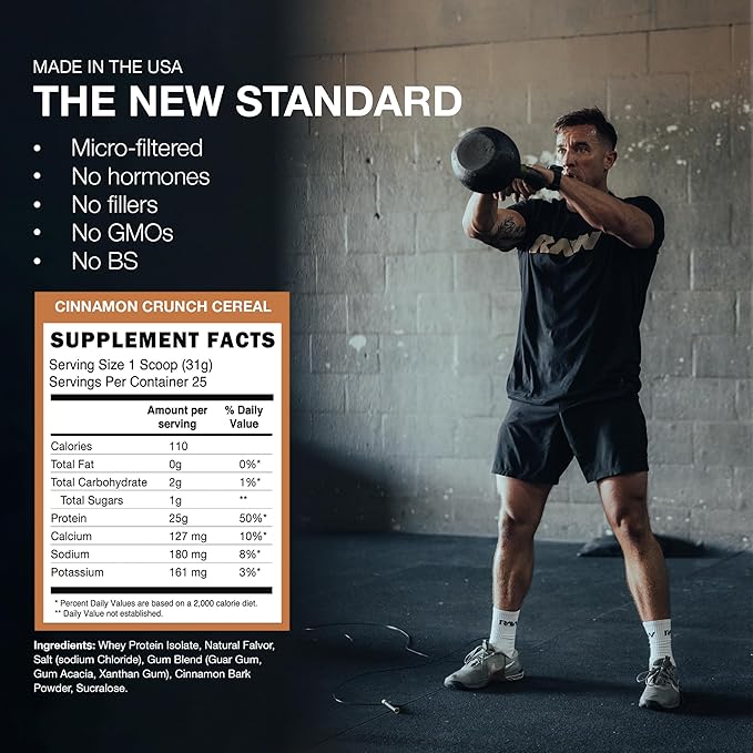 RAW Whey Protein Powder Isolate, Cinnamon Crunch (CBUM Itholate Protein) - 100% Grass-Fed Sports Nutrition Powder for Muscle Growth & Recovery - Low-Fat, Low Carb, Naturally Flavored - 25 Servings