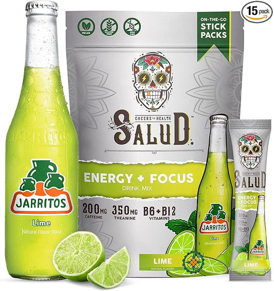 Salud x Jarritos 2-in-1 Energy Drink Powder + Focus, Lime, Organic Caffeine, B6 + B12, Theanine, Clean Energy Drink Packets, Limon Agua Fresca Mix, Non-GMO, Gluten Free, 1g of Sugar, (15 Servings)