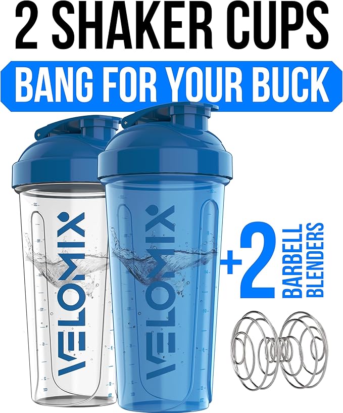 VELOMIX -2 Pack- 28 oz Protein Shaker Bottles for Protein Mixes - 2x Wire Whisk | Leak Proof Shaker Cups for Protein Shakes | Protein Shaker Bottle Pack | Shakers for Protein Shakes-Blue&Transparent