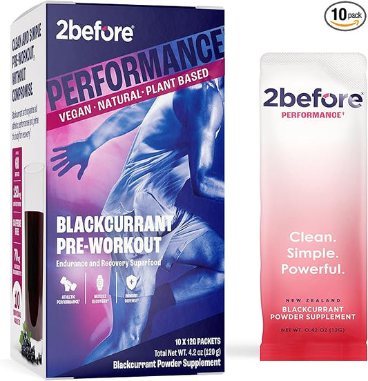 2before Blackcurrant I All Natural Vegan Pre Workout, Caffeine Free I Clean Energy, Endurance, Recovery I Pre Workout Women and Men I 10 x Individual Packets I Informed Sports Certified