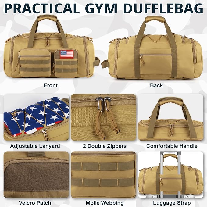 Tactical Gym Bag for Men with Toiletry Bag,50L Large 3 in 1 Sports Duffle Bag with Shoes Compartment for Travel,Water Resistant Travel Backpack Weekender Overnight Bag with Wet Pocket for Women