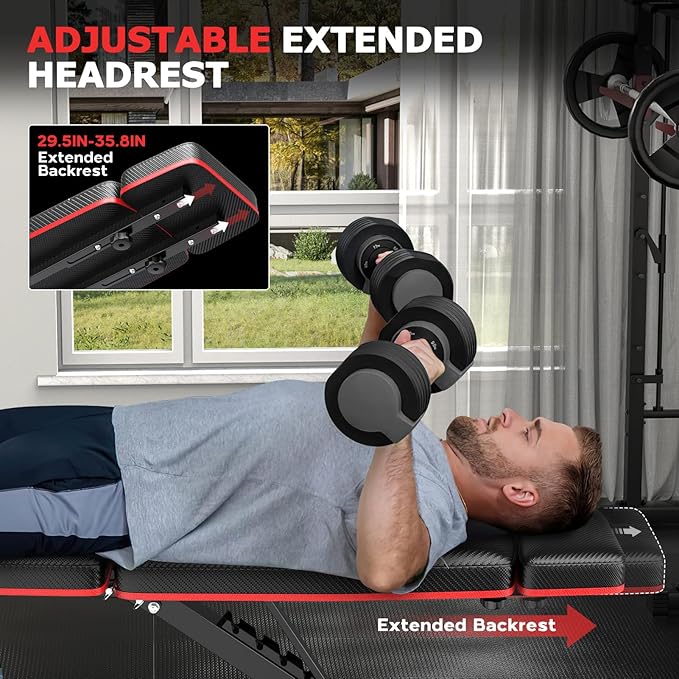 Fostoy Foldable Workout Bench Press, Adjustable Weight Bench for Home Gym, 800LB Multi Functional Gym Bench w/Leg Extension &Preacher Pad, Extra Headrest, Fast Folding Strength Training Incline Sit up Bench