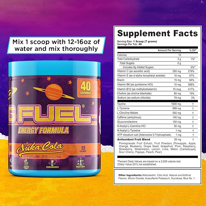 G Fuel Nuka Cola Energy Powder, Sugar Free, Clean Caffeine Focus Supplement, Water Mix, Tropical Citrus Berry Flavor, Focus Amino, Vitamin + Antioxidants Blend - 9.8 oz (40 Servings)