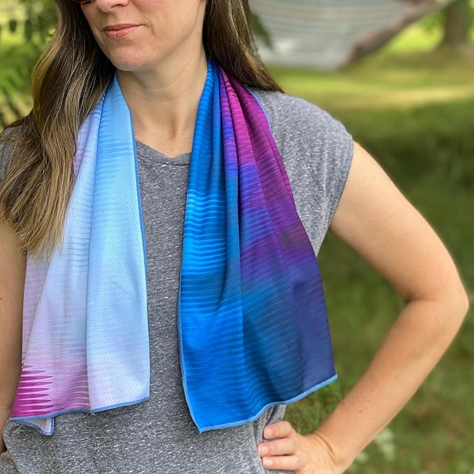 SHAKEitCOOL Extended Size Cooling Towel โ Be Cool in Style - Heat Relief, Soft, Lightweight, Sun Protection, Easy Clean - Perfect for Biking, Hiking, Running, Yoga, Golf - Blue Purple Wave M