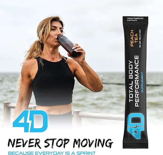 4D - Peach Tea 25 Unit - Electrolytes, Aminos, Vitamins & Energy Powder Packets - Zero Calories & Sugars - Gluten Free, Non-GMO, Keto & Vegan Friendly