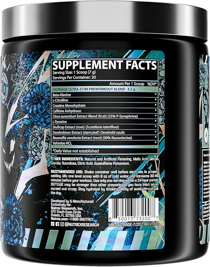 Outrage Ultra HIGH STIM Pre-Workout Powder for Men | 400mg Caffeine, L-Citrulline, Beta-Alanine, Creatine | Extreme Energy, Focus, Strength & Endurance (30 Servings, Blue Raspberry)