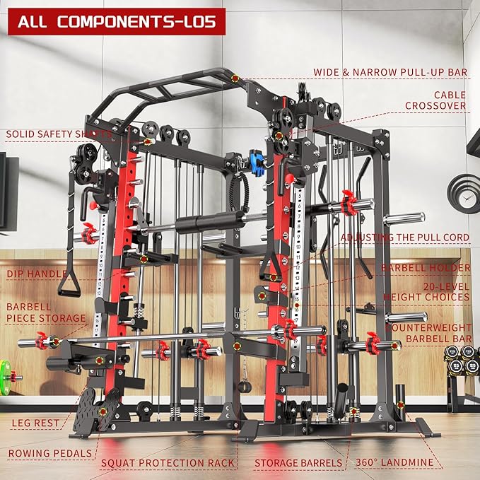 Smith Machine with Cable Crossover System, Multi-Function Squat Rack Power Cage for Home Gym, Power Rack and Packages Weight Sets